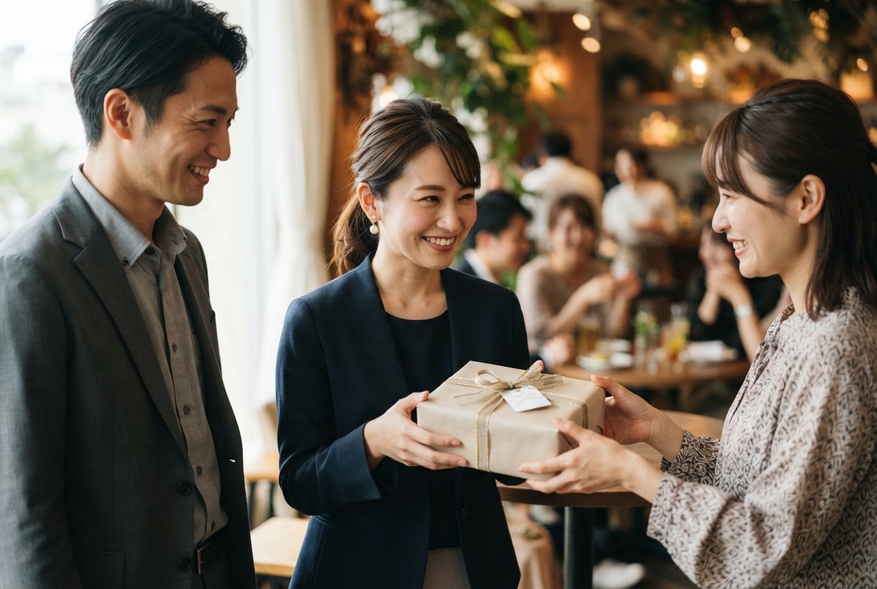 二次会のお開き後に幹事と新郎新婦が会場の受付前で挨拶を交わす様子