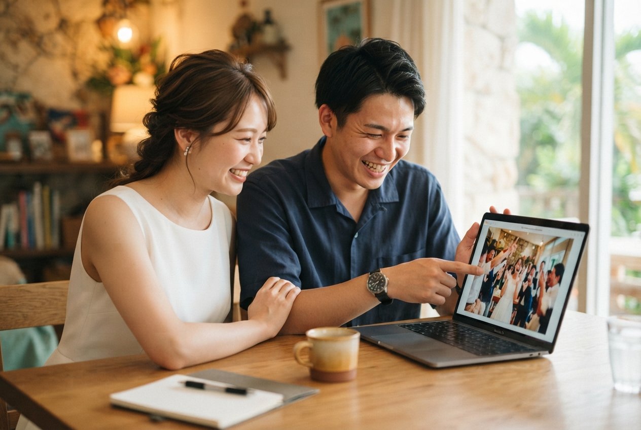 お開き後に受付まわりを片づける結婚式二次会の幹事とスタッフの様子